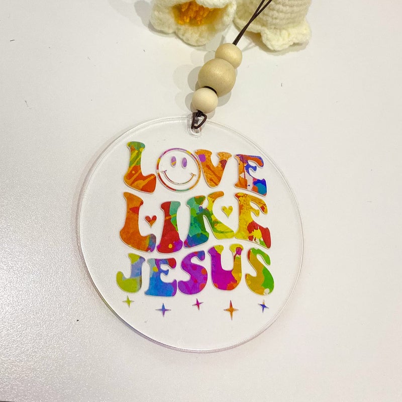 Talataca Christian 2D Flat Car Ornament & Wood Beads  Love Like Jesus  Bible Verse Beaded Rear View Mirror Accessories  Rearview Hanging Charm  Christmas Tree Decor  Religious Gift - Image 5